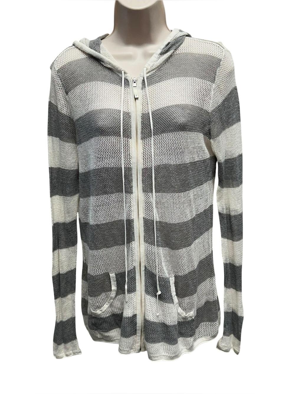 Tommy Bahama womens Jacket Large knit Light Weight Gray White Striped Beach boho